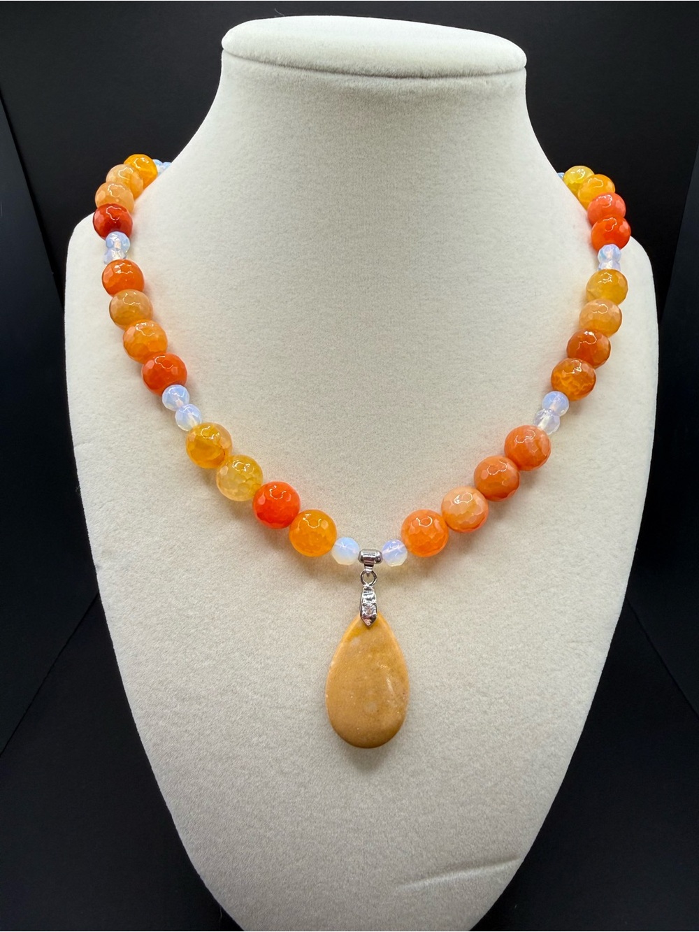 Handcrafted Orange Agate Bead Necklace with Teardrop Pendant
